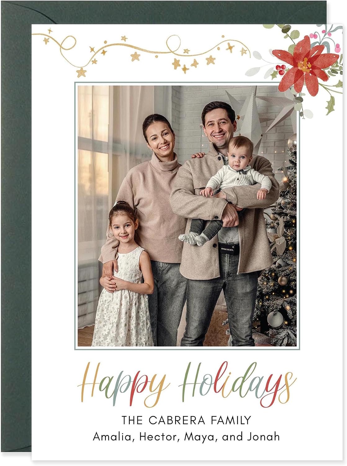 Personalized Holiday Photo Cards 5x7, Family Christmas Stars and Red and Green Floral Modern Printed Notecards with Envelopes (Design 3)