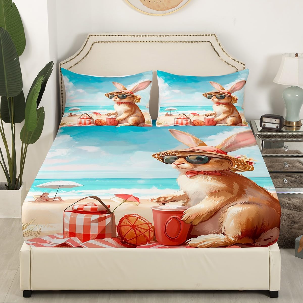 Erosebridal Leopard Cheetah Bed Sheets Sea Marine Themed Fitted Sheet Full Size, Jungle Woodland Animal Wildlife Bedding Chic Flower Floral Sheet, Tropical Beach Bed Cover (Deep Pocket)