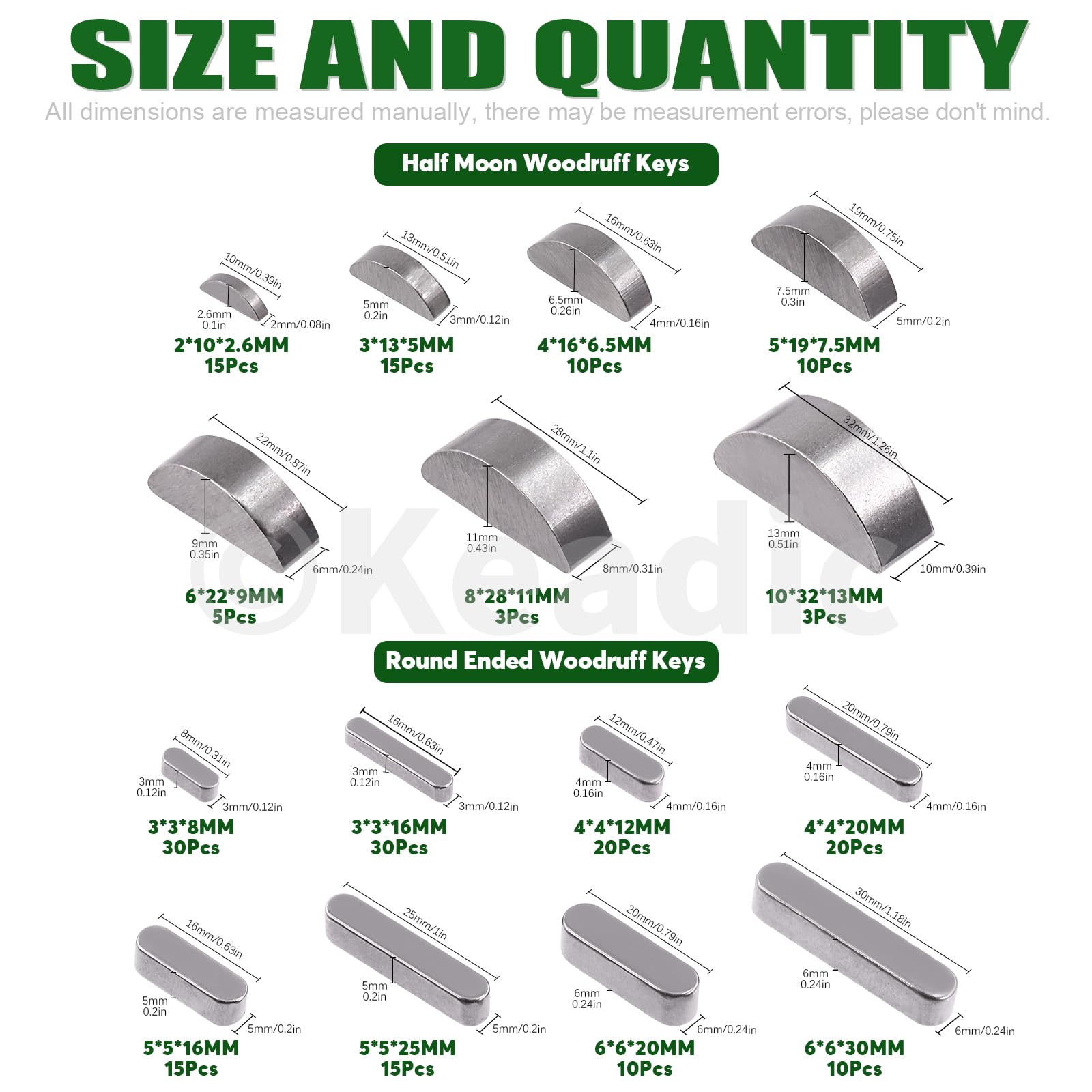 Swpeet 205 Stuks 12 Maten 3 mm, 4 mm, 5 mm, 6 mm Woodruff Sleutels Half Maan Halve Maan Bond Sleutel Hardware Metrisch Assortiment Kit voor