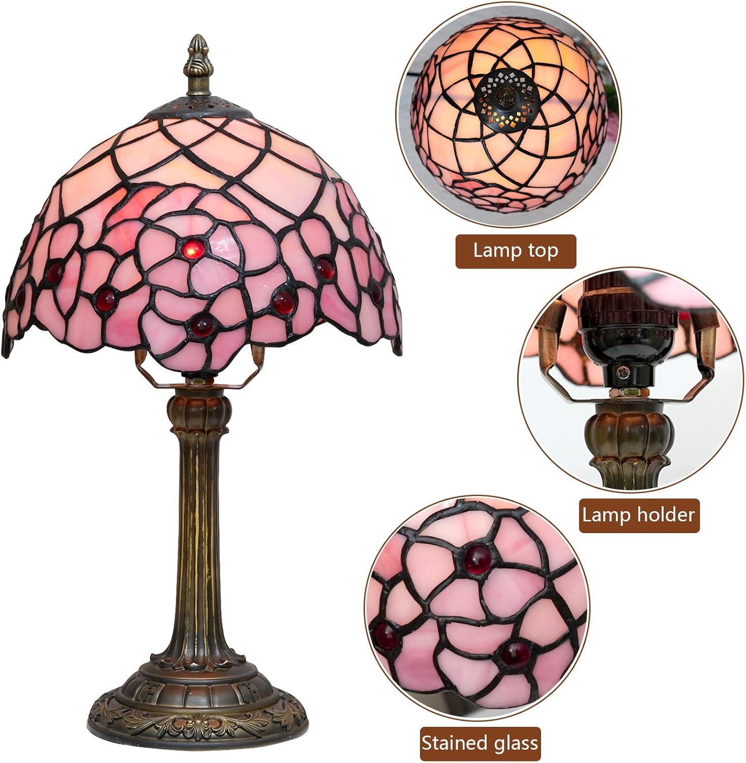 Tiffany Style Lamp 8 Inch Stained Glass Table Lamps Pink Cherry Blossom Vintage Art Deco Reading Small Desk Light for Bedside Bedroom Living Room Office