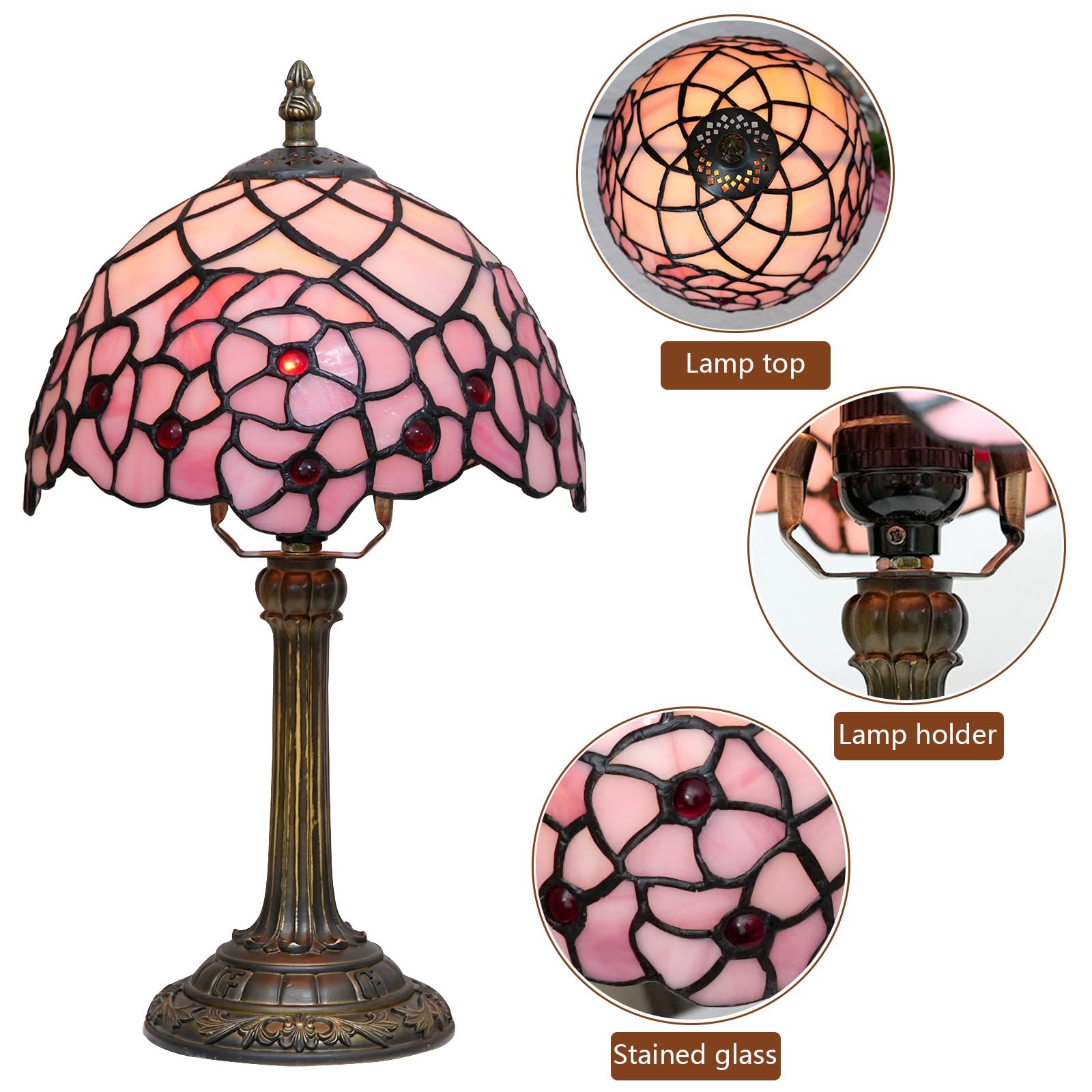 Tiffany lampa 8 cali mała różowa przyciemniana szklana lampa stołowa kwiat wiśni vintage ręcznie robiona lampka biurkowa do czytania do sypialni salonu biura w stylu art deco