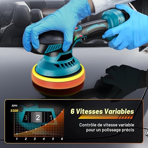 Cordless Car Polisher 6"(150mm Dual Action Buffer Machine with 2×21V 2000mAh Batteries, 13pcs Car Polishing Kit, 6 Variable Speeds 5500RPM, Car Buffer Polisher for Waxing, Detailing & Scratch Removal - 2