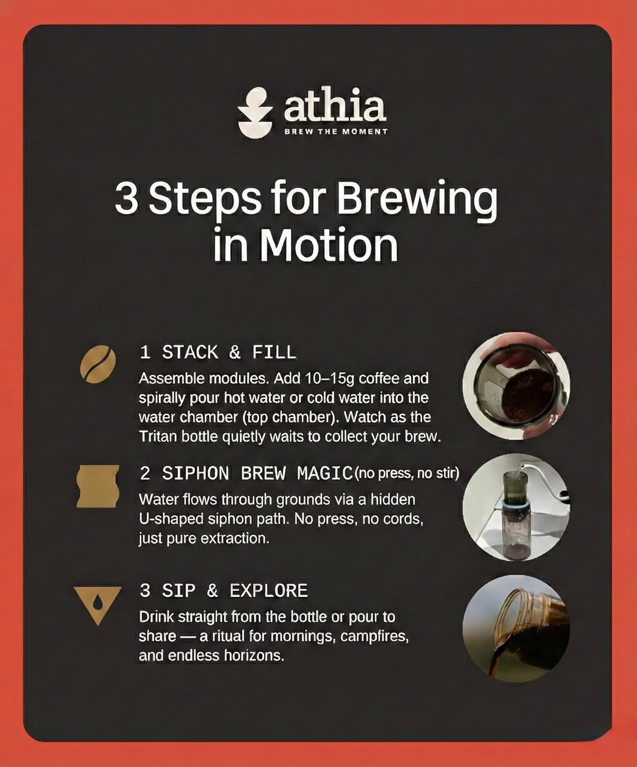 ATHIA Portable Siphon Coffee Maker for Travel & Camping - 4-in-1 Manual Brewer for Hot & Cold Brew, Siphon-Inspired System, 13.5oz/400ml Tritan Bottle, Reusable Filter, 6.35oz/180g Lightweight