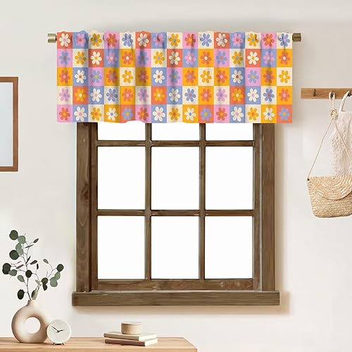 Miniatura 32 de Cortina de cenefa floral de los años 70, diseño retro con estampado de flores amarillas y verde lima, estilo de los años 70 y 60, cenefa con 70