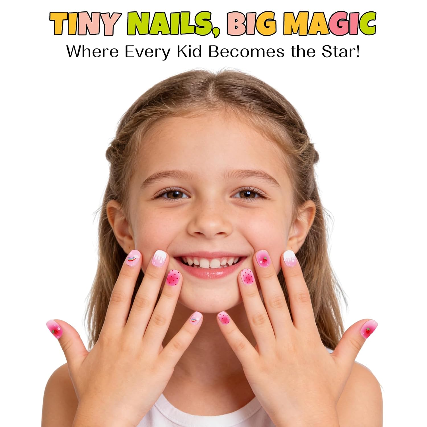 EBANKU Kids Gel Nail Polish Strips, Rainbow Strawberry Cute Semi-Cured Nail Art Wraps for Girls, Fun Designs Gel Nail Stickers for Home Nails DIY