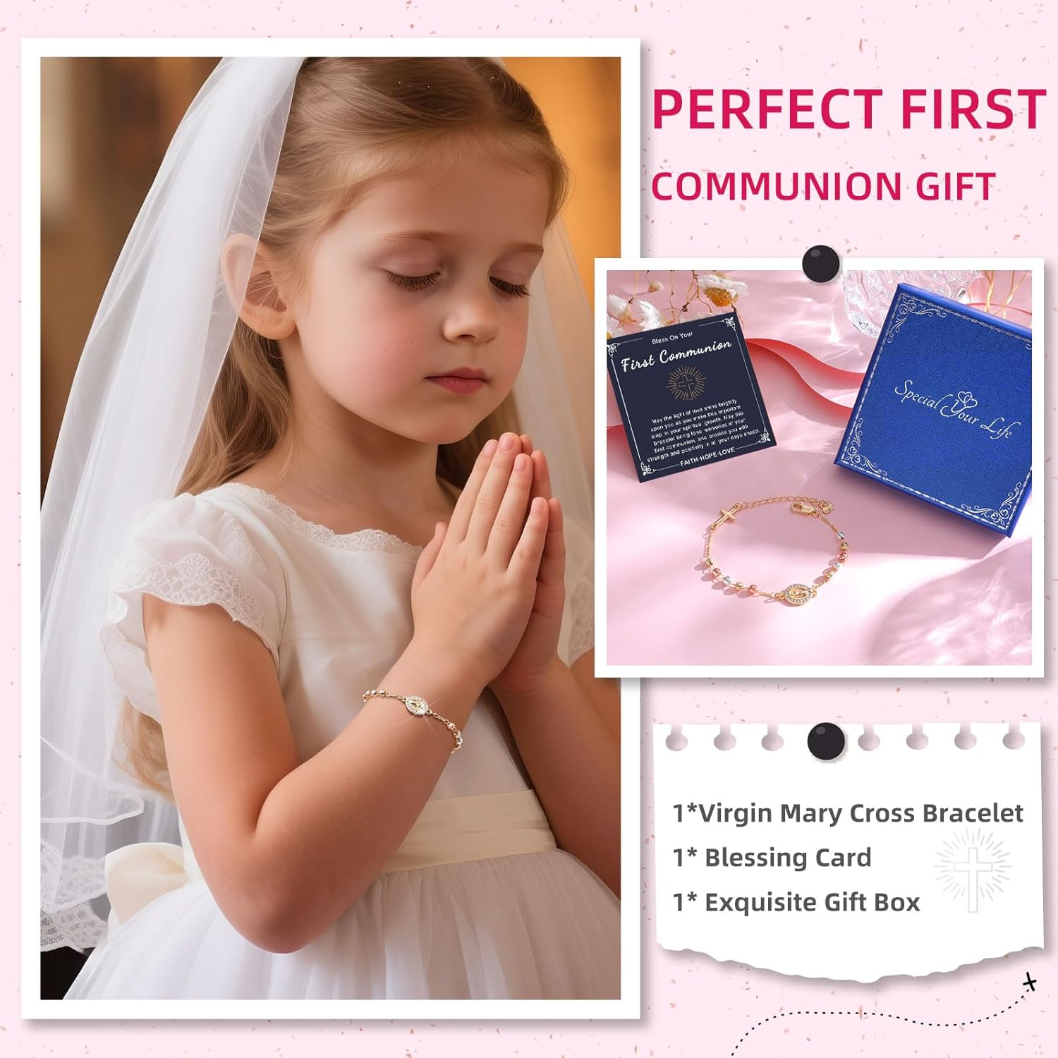 Religious Gift Rosary Bracelet for Women-14K gold plated Virgen de Guadalupe Rosary Beads Cross Charm Link Chain, Dainty Virgin Mary Catholic Gifts for Confirmation Baptism First Communion Godmother - Image 5