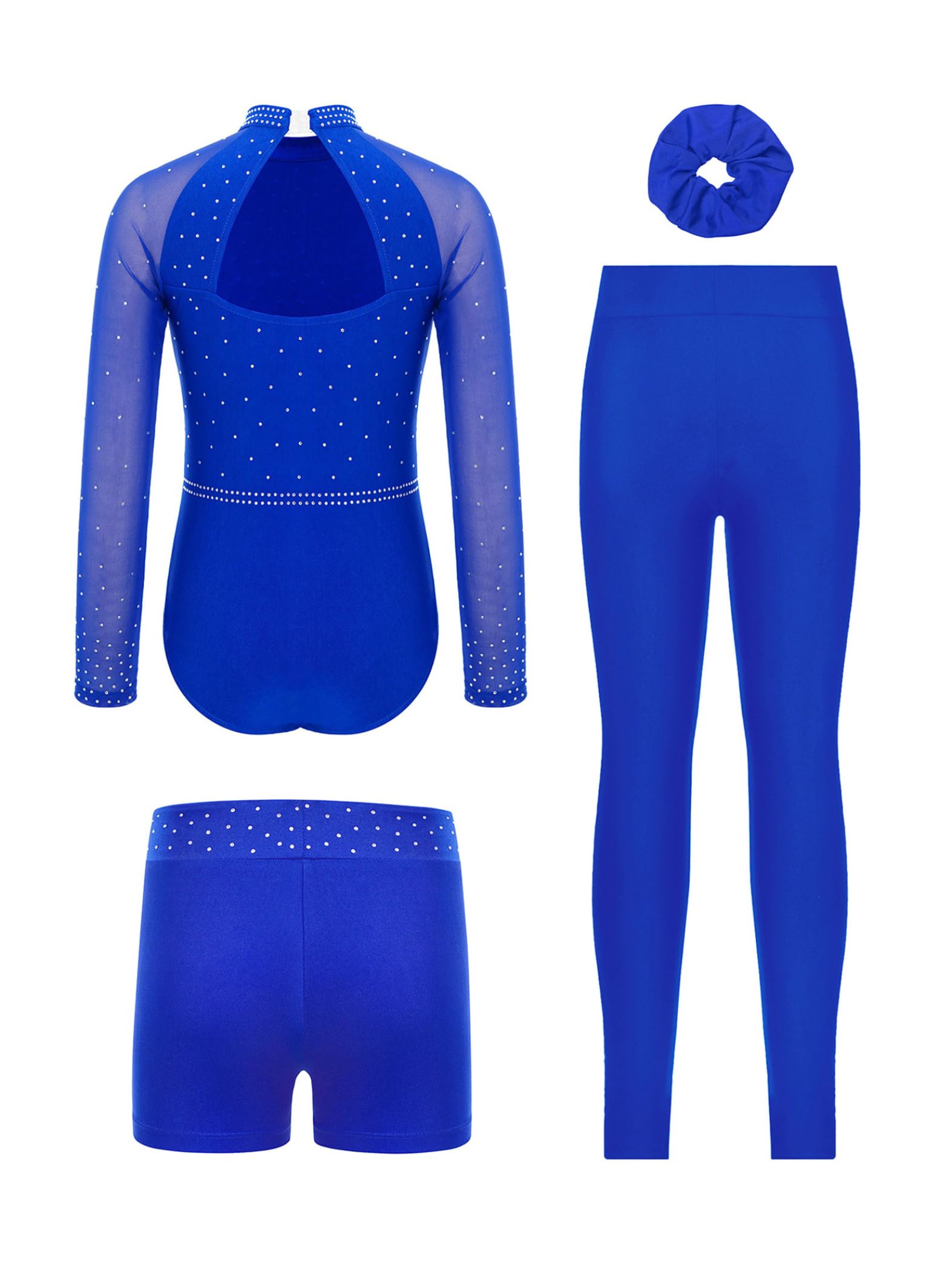 Traje Gimnasia Brillante Niña Talla Larga Mangas Con Calzón Corto Y Lazo El Cabello Traje Competición Baile