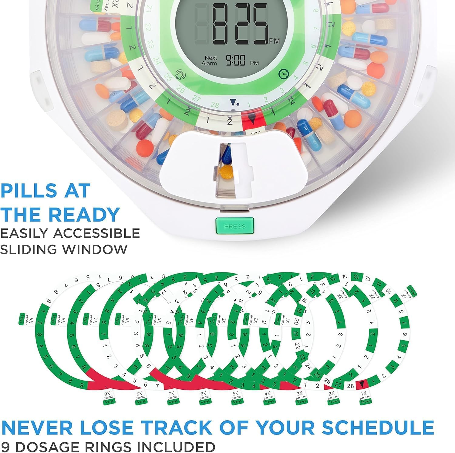 A hand placing a dosage ring into the Live Fine automatic pill dispenser tray.