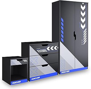 Octane 3 Piece Bedroom Furniture Set, Kids Bedroom Furniture Set, Racing Pattern, Soft Close Wardrobe, + 3 Storage Drawer Chest of Drawers, 1 Drawer Bedside Cabinet, BLACK & BLUE Set