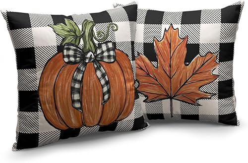 Miniatura 9 de Juego de 2 fundas de almohada decorativas de otoño de 20 x 20 pulgadas, con hojas de arce, calabaza, casa de campo, fundas de almohada de lino