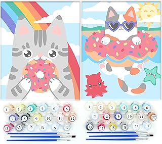 Astrakuma Studio Paint by Numbers for Kids Ages 8-12 - Cat Donut Painting by Number Kits with Pre Drawn Canvas Boards, Small Animals Paint and Sip Kit for Beginner Artist, Easy Acrylic Paint-By-Number
