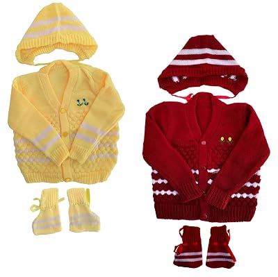 KIDSKA Baby'S Winter Wear For Inflant/Baby Woollen Set V-Neck Sweater(Multicolor, 3 To 6 Months) 2X3 Pcs Set