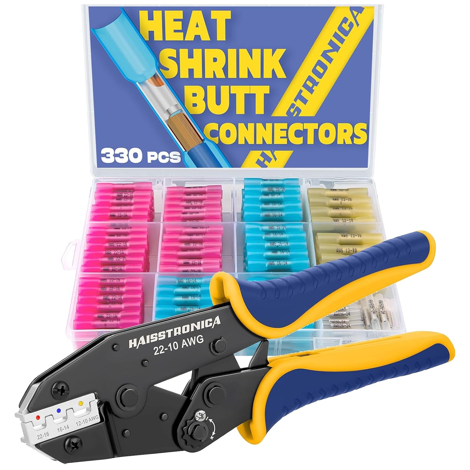 haisstronica 330PCS Heat Shrink Butt Connectors-Marine Grade Waterproof Electrical Crimp Wire Connectors Kit,Joint(4Colors/4Sizes) & Crimping Tool for Heat Shrink Connectors-AWG 22-10