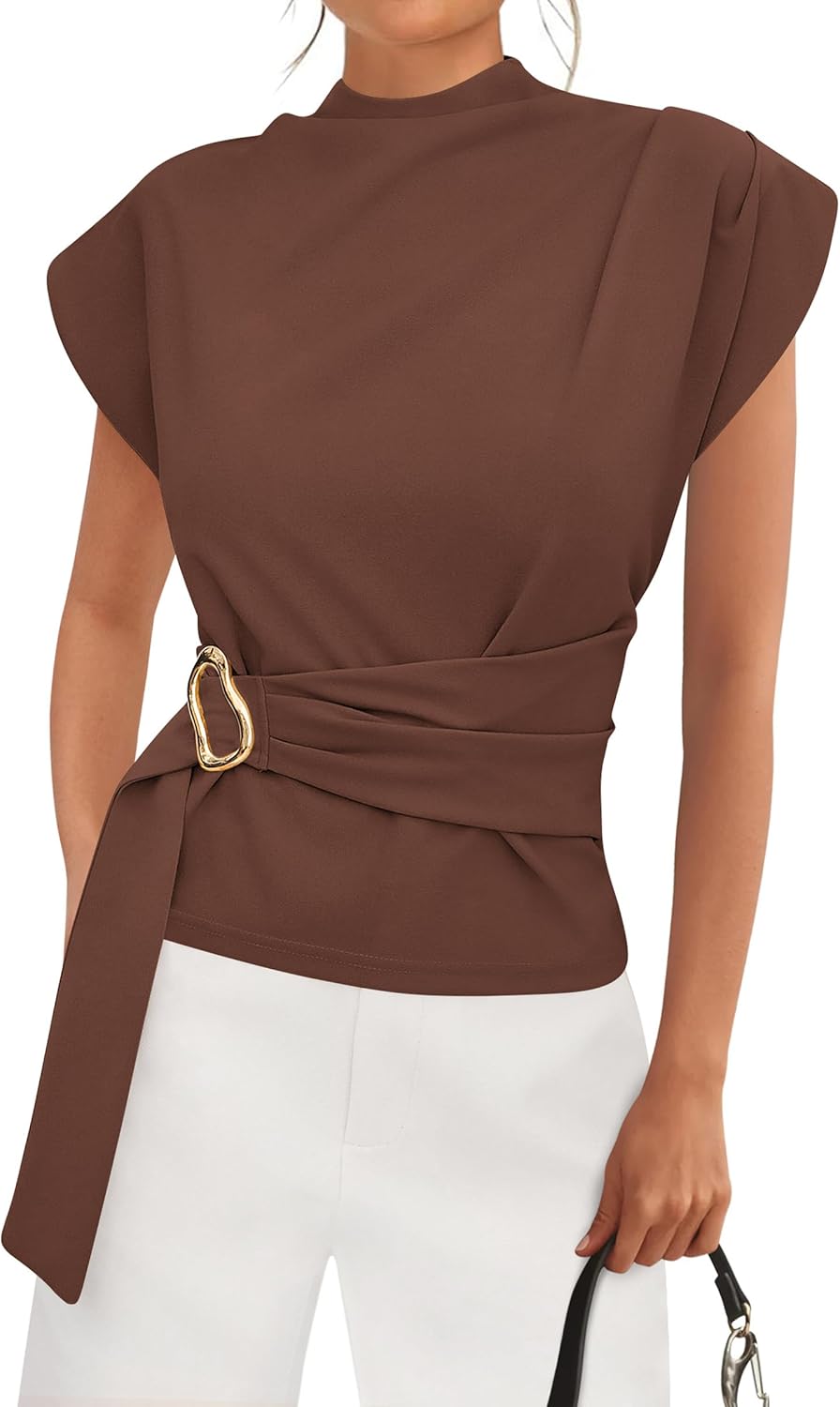 PRETTYGARDEN Women Blouses Spring Dressy Cap Sleeve Mock Neck Work Shirts Buckle Tunic Summer Business Casual Tops 2026