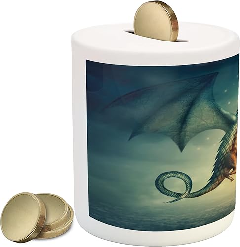 Lunarable Alcancía de fantasía, diseño surrealista de criatura de dragón en el cielo, caja de dinero de cerámica para ahorro de efectivo, 3.6 x 3.2