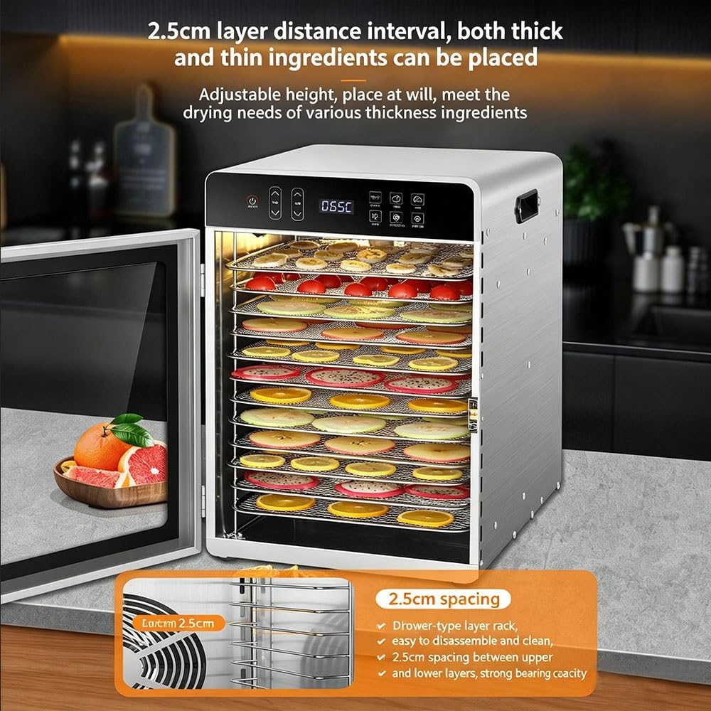 Essiccatore per Alimenti professionale 800W in Acciaio Inox, 10 Vassoi in Acciaio Inox, Grande Capacità, Display LED, Timer 24H, Temperatura Regolabile 30℃ – 90℃, per Carne, Frutta, Verdure(10 tray)