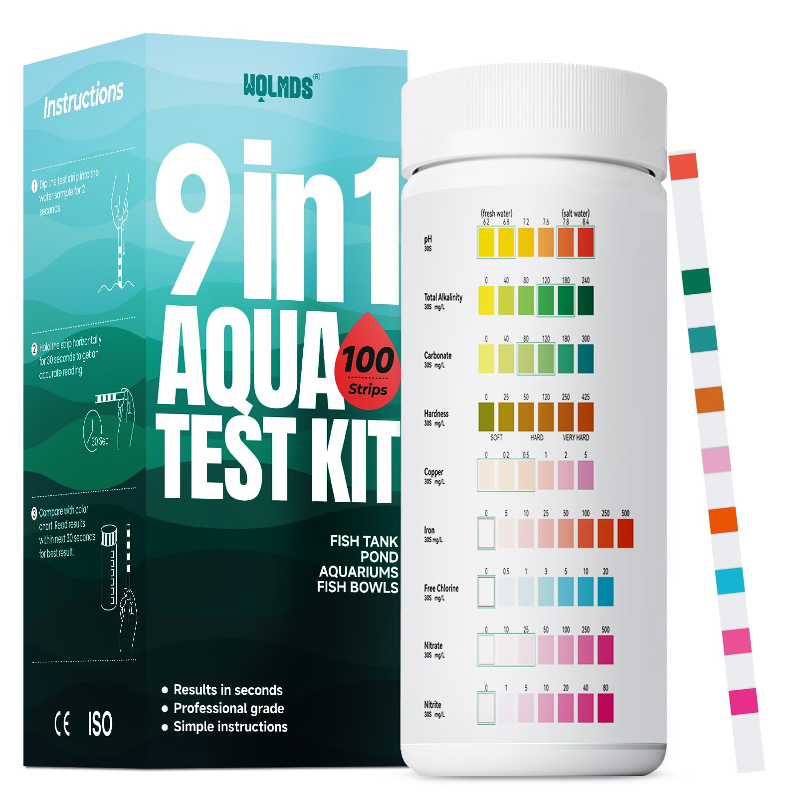 Aquarium Test Strips - 9-in-1 Aquarium Water Test Kit: Fish Tank Testing Kit for Freshwater & Saltwater, 100 Strips,Fast & Accurate Ammonia, pH, Hardness, & More,Lead Water Test Kit