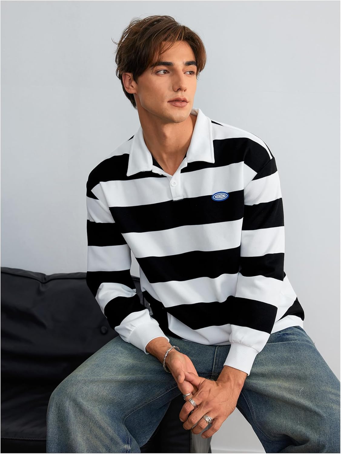 SweatyRocks Men's Oversized Sweatshirt Striped Long Sleeve Collared Preppy Pullover Shirts Fall Outfits - Image 5