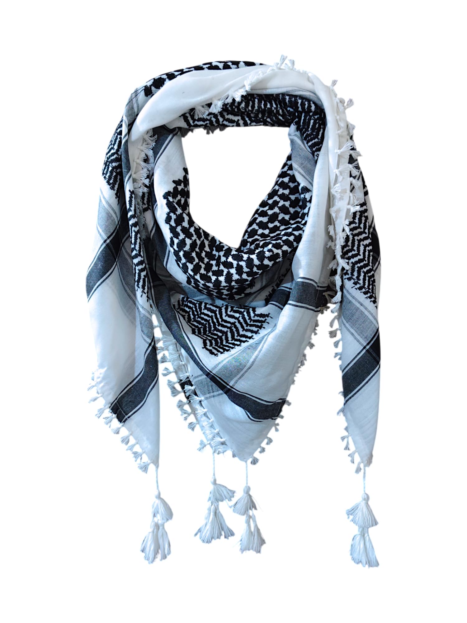 BAKKAH Classic White Black Shemagh Men Cotton Head Scarf Ghutra Arabian Arafat Army Military Multi-Purpose Large Size 48 x 48 Inch Palestine Scarf