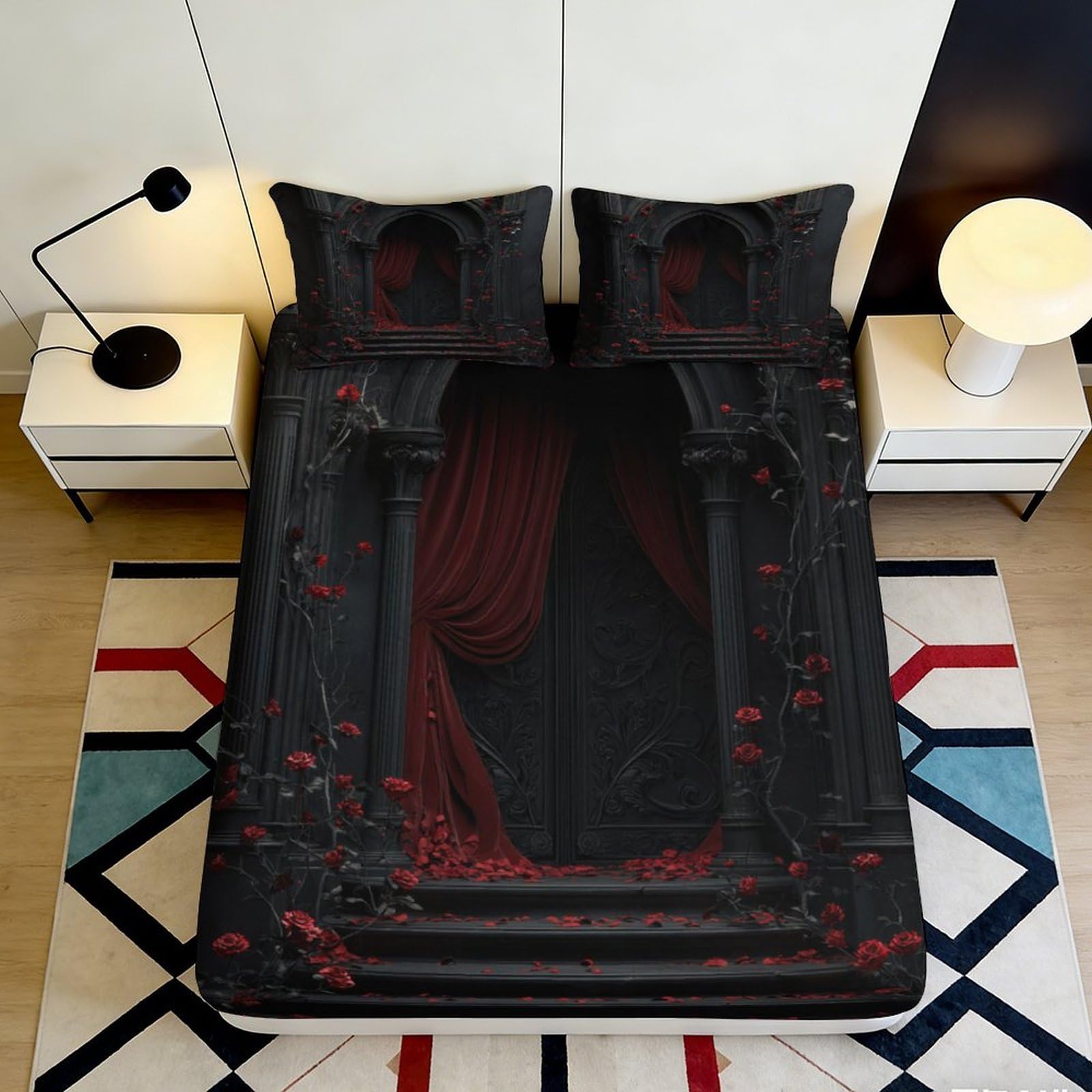 Uynsixtme Style-6 3D Printed Gothic Arch Fitted Sheet Microfiber Deep Pocket Non-Slip Gothic Mattress Fitted Cover Full Wrap For Bedroom 140X200x25cm
