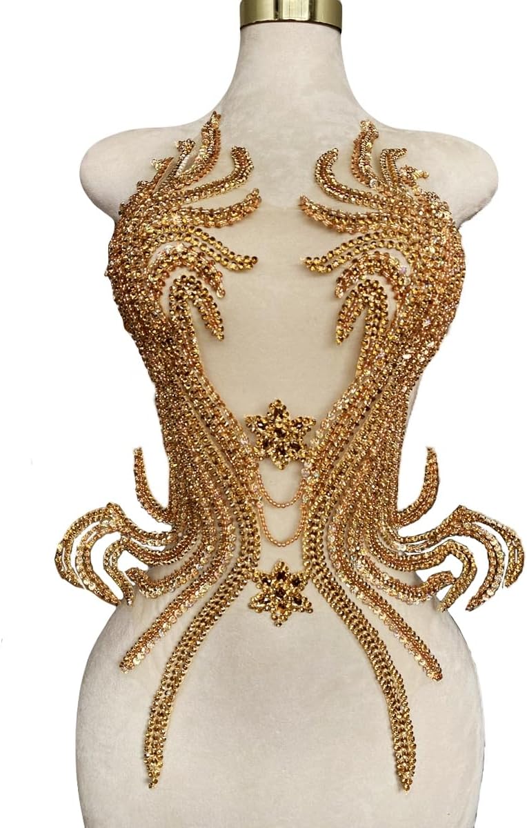 Pure Handmade Rhinestones Beads Applique sew on Crystal Sequins lace Trim Patches Accessories for Dress Clothing Shiny Bead Decorative Material 12.5X25.5inches (Champagne)