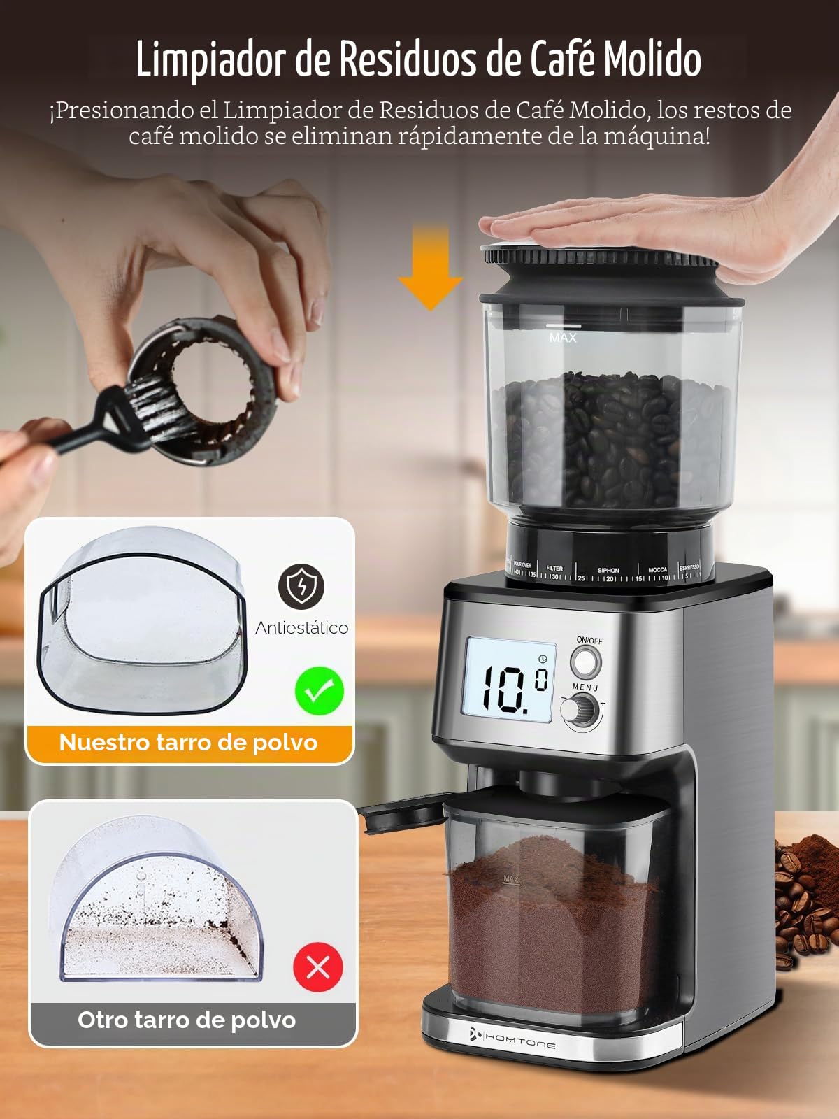 Homtone Molinillo de Café Eléctrico con Muela Cónica - Molino de Café con 51 Niveles de Molienda, Soporte Extraíble, Recipiente Incluido – Para Espresso, Café de Filtro, Cold Brew (Acciaio Inox)