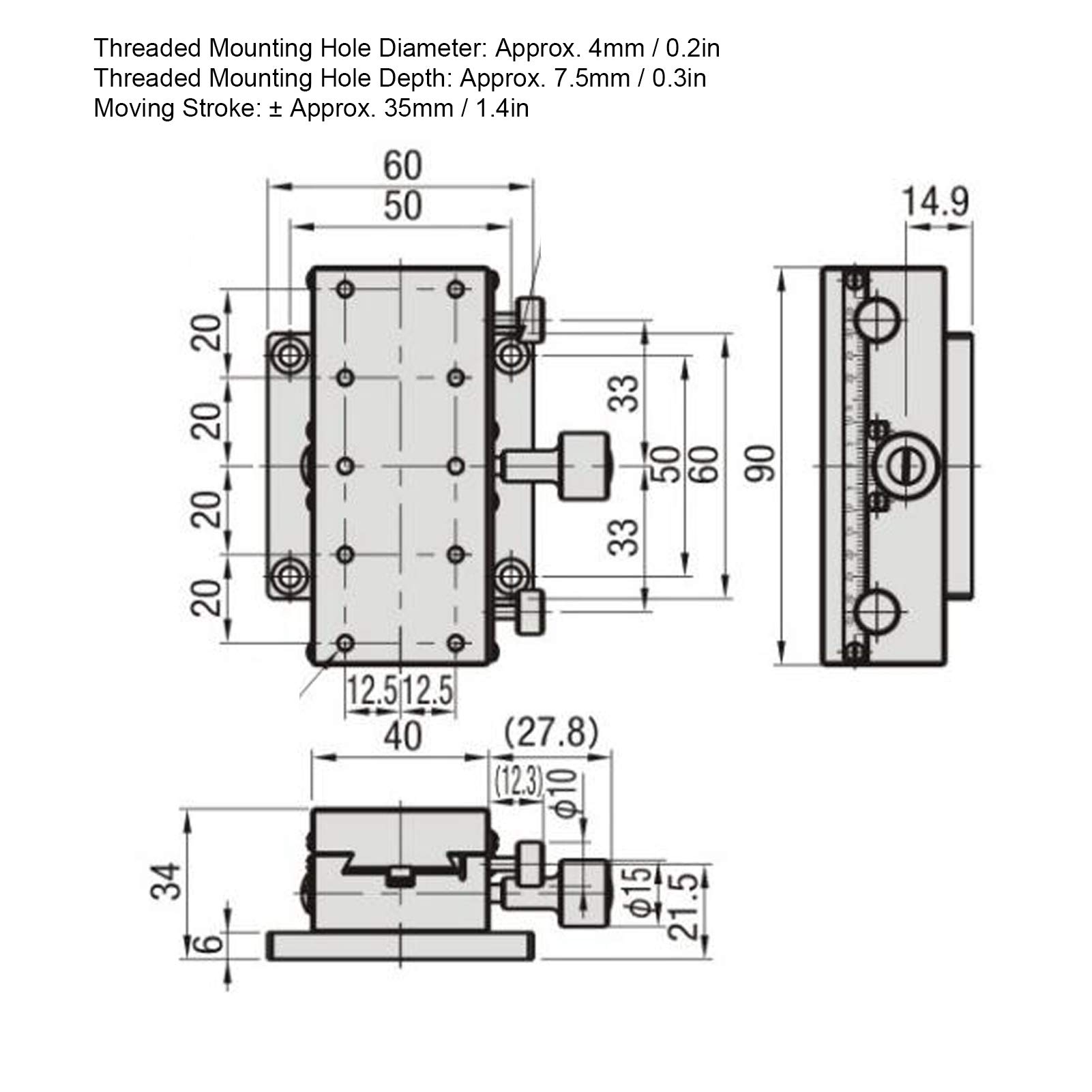 X - Osi liniowy etap HB - A90 | 0,01 mm Dokładny ręczny stół przesuwany | Platforma rowka dovetail dla sprzętu laboratoryjnego/optycznego/CNC | Stopień stopu aluminium 90x40 mm