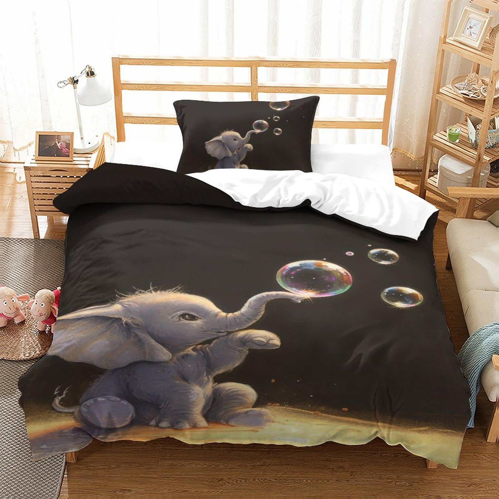 Housse de couette éléphant 3D zippée en microfibre respirante douce pour lit single 135x200cm