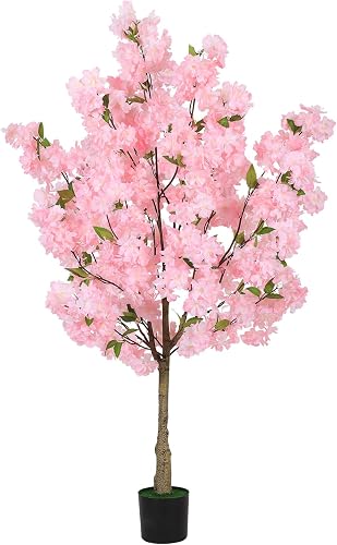 4Ft Tall Artificial Cherry Blossom Tree, Faux Pink Tree with Plastic Nursery Pot,Artificial Plants for Home Office Indoor Decor(Pink)