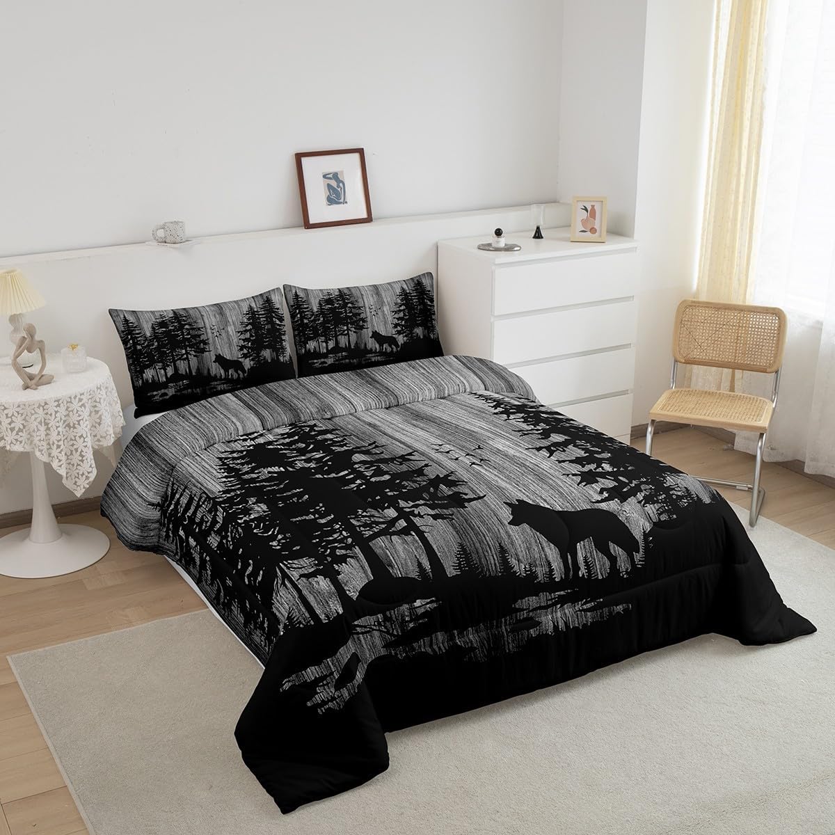 Feelyou Cute Wolf Comforter Set for Kids Boys Girls Wolves Howling Comforter Rustic Animal Wolves Wild Animal Bedding Set Queen Size Bedroom Decor Grey Duvet Set Quilt Set 3Pcs