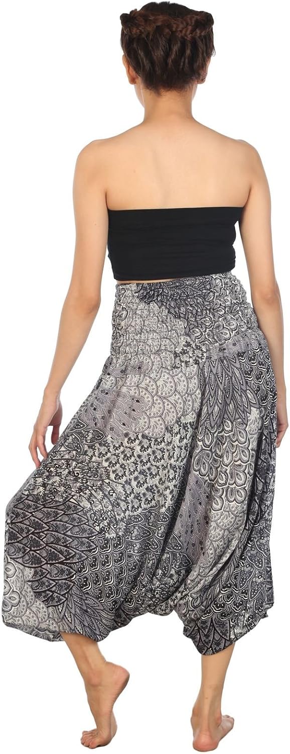 LOFBAZ Yoga Harem Pants for Women Boho Hippie Bohemian Clothing Womens Indian Beach Gypsy Clothes Maternity Genie Jumpsuit Peacock 1 Black B M