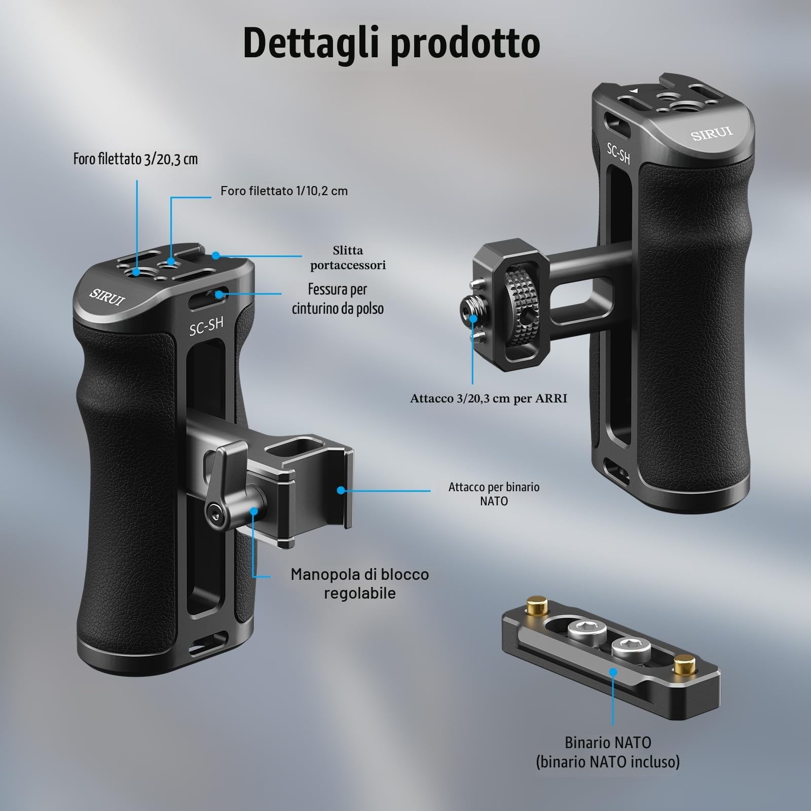 SIRUI SC-SH Maniglia Laterale con NATO e 3/8"-16 Locating Pin per ARRI, Impugnatura Ergonomica Laterale in Alluminio per Gabbie per Fotocamere, 50 mm Regolabile Su/Giù, Attacco Cold Shoe Incorporato