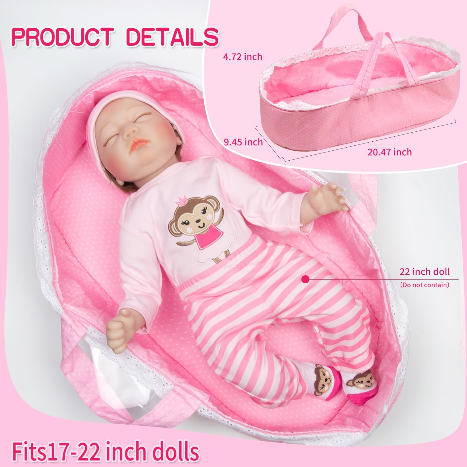 Reborn Baby Doll Clothes Bassinet Set 17-22 Inch Pink Outfit with Portable Basket for Newborn Babydolls Girl Baby Doll Accessories 8 Pieces