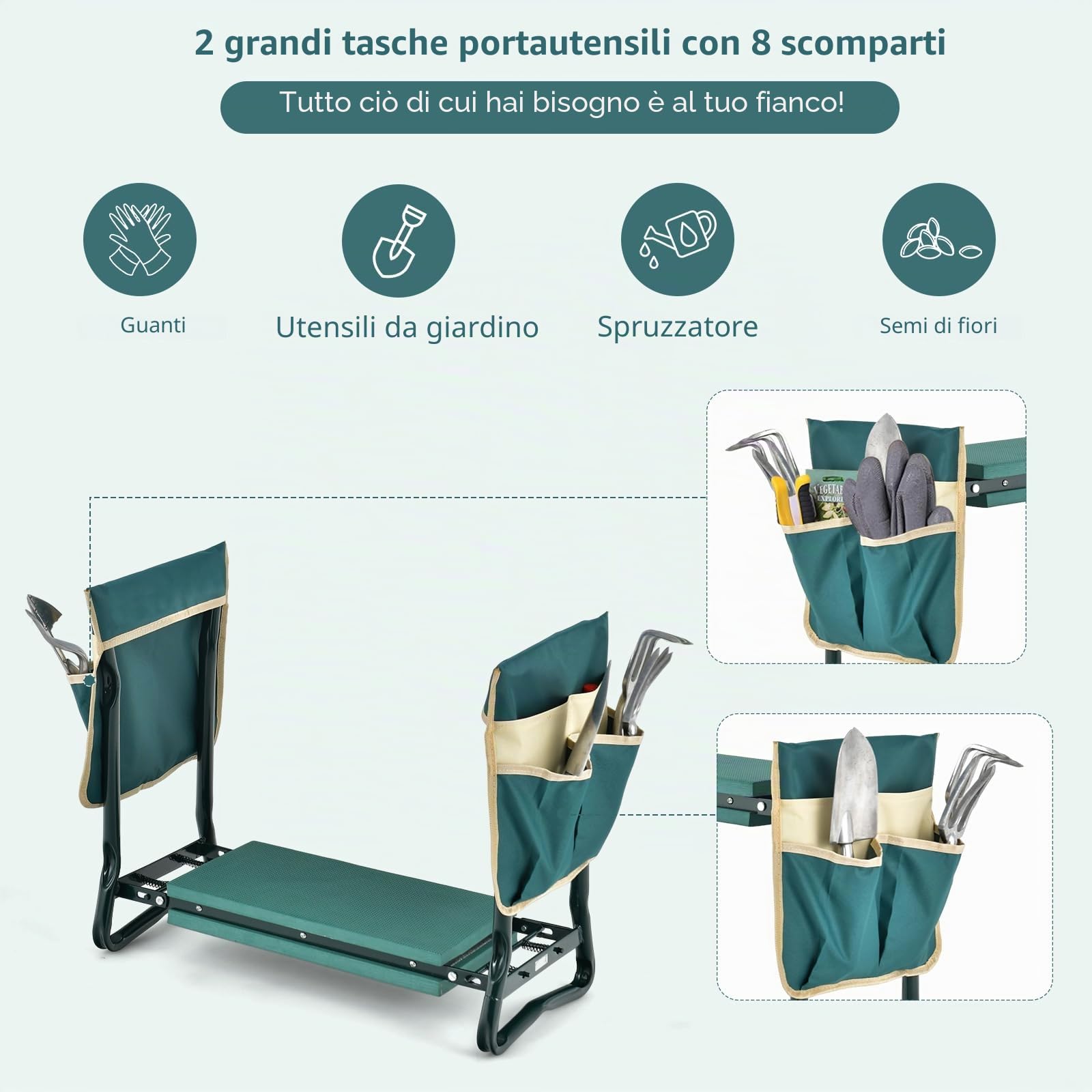 SOARS Inginocchiatoio da Giardino 2 in 1 Pieghevole (con 2 Borse) | Sgabello da Giardinaggio con Borsa a Tasche per Attrezzi, Sedile con Cuscino EVA Morbido per Ginocchiarsi, Max. 150kg