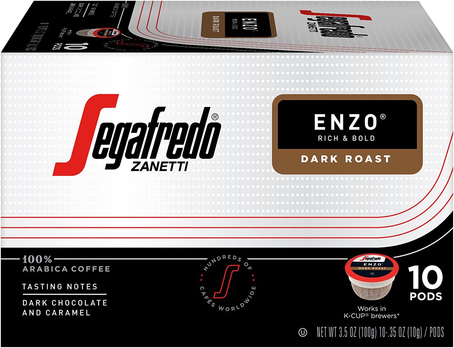Segafredo Zanetti Single Serve Coffee Pods, Enzo Dark Roast, Easy to Brew, Arabica Beans, Works with All K-Cup Brewers, 10 Count, Pack of 1