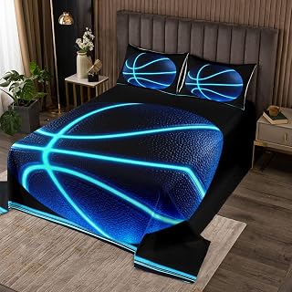 Erosebridal Sports Quilt Set for Boys Neon Basketball Coverlet Set 3pcs Kids Teens Sports Theme Bedding Queen Glowing Basketball Bedspread Set,Ball Gaming Bed Cover Soft,Black Blue