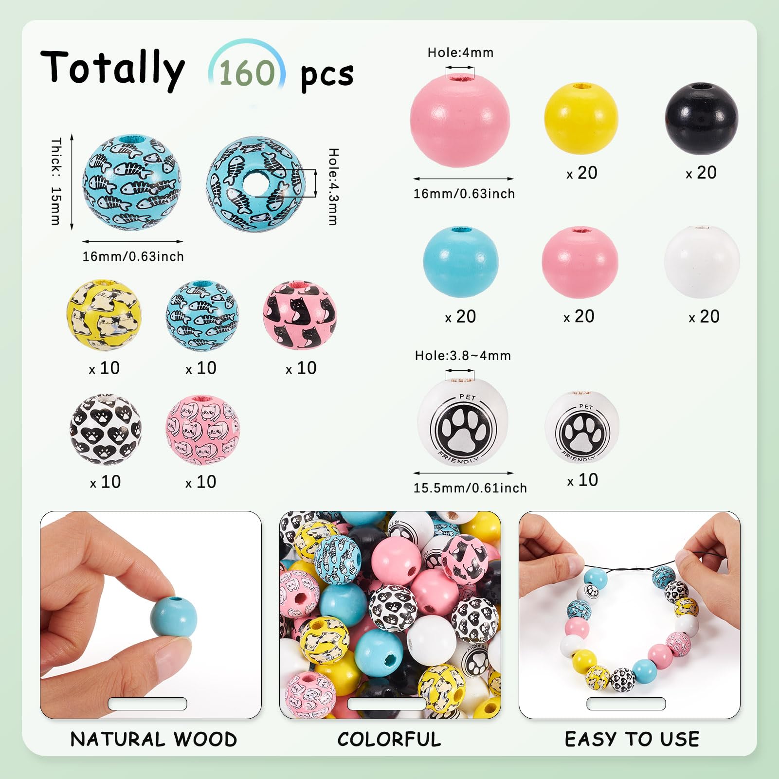 Crafans 160 Pcs Cute Painted Wood European Cartoon Animal Large Hole Wooden Beads - Image 4