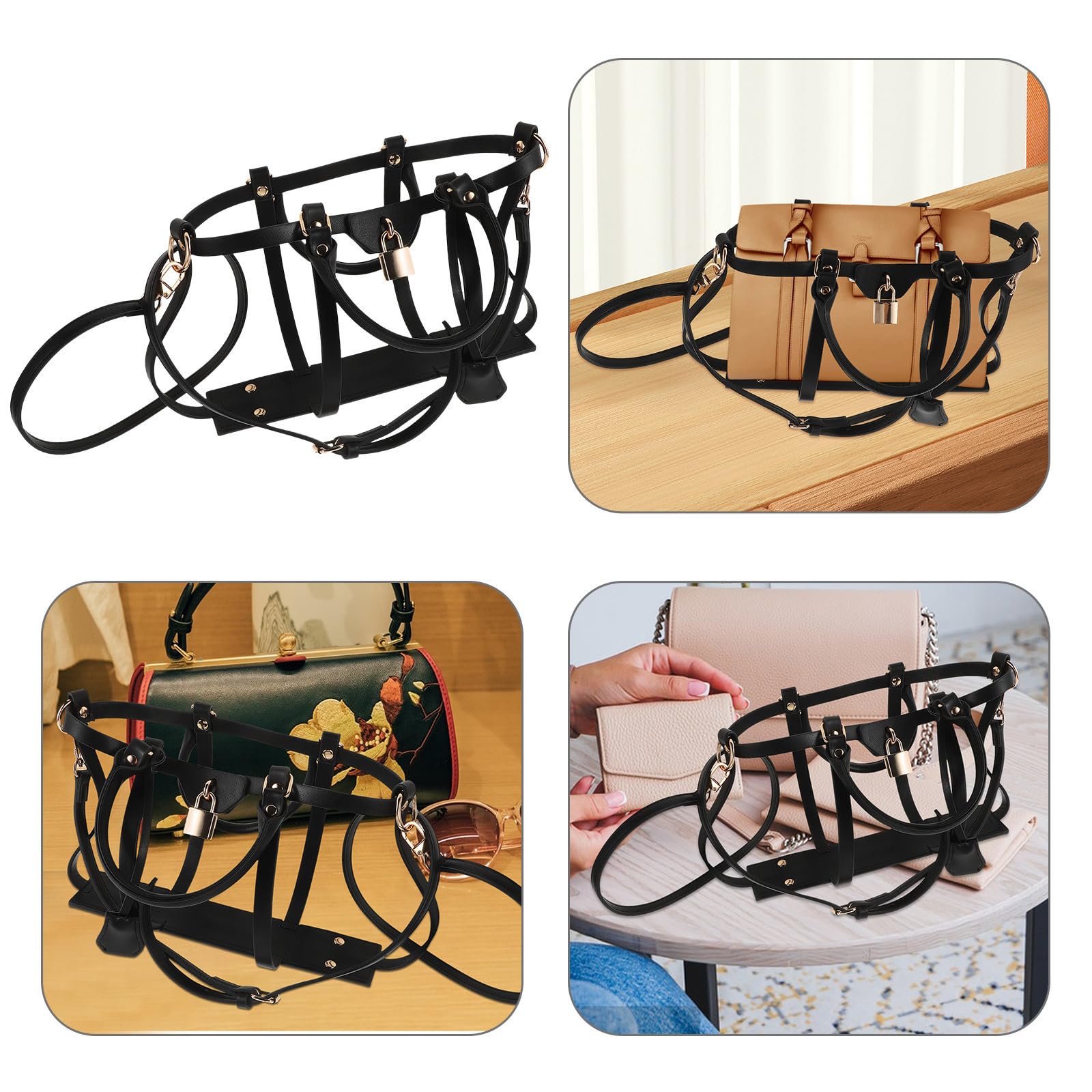 Conjunto Portátil de Accesorios para Bolsos de Mano con Diseño Retro en PU Negro, Soporte de Exhibición y Correa para Bolso Cruzado, Adecuado para Viajes y Uso Diario