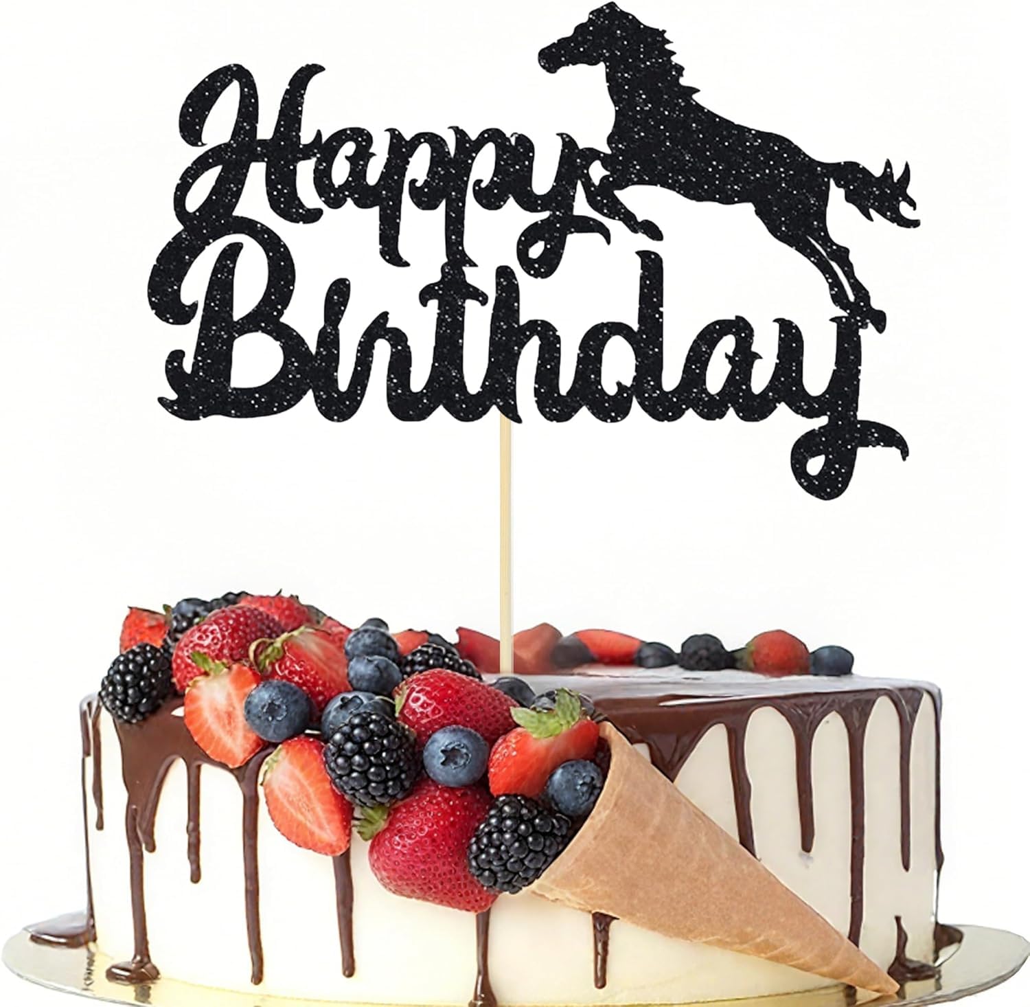 HSC Horse Happy Birthday Cake Topper with Jumping Horse Design, 1pc, Birthday Wedding Baby Shower Halloween Thanksgiving Party Dessert Decorations, Horse Cake Decorations (Black)