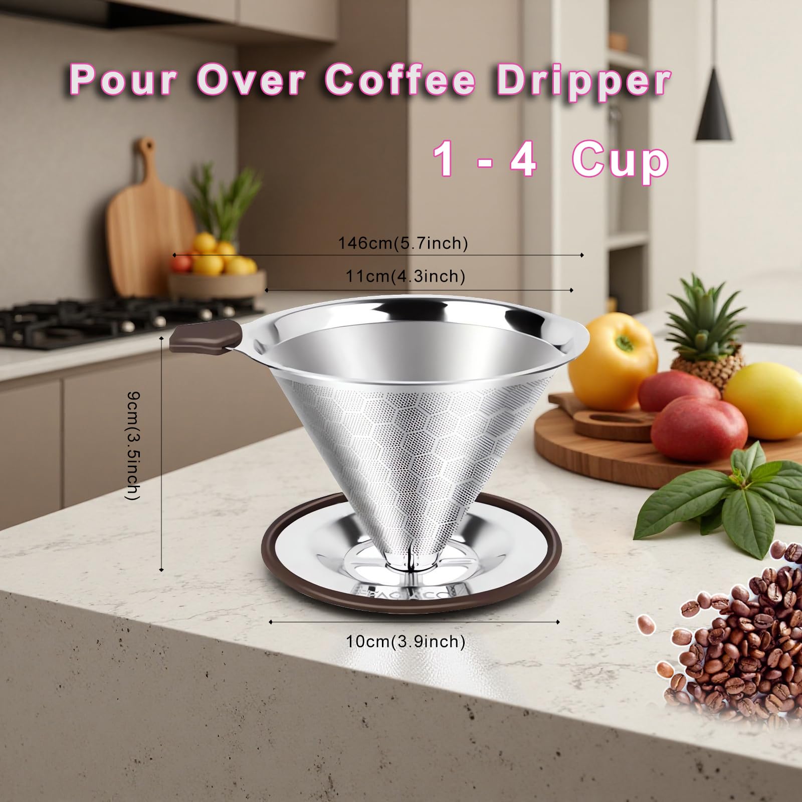 Pour Over Coffee Dripper,Stainless Steel Coffee Filter, Pour Over Maker Double Micro Mesh, Reusable Coffee Strainer