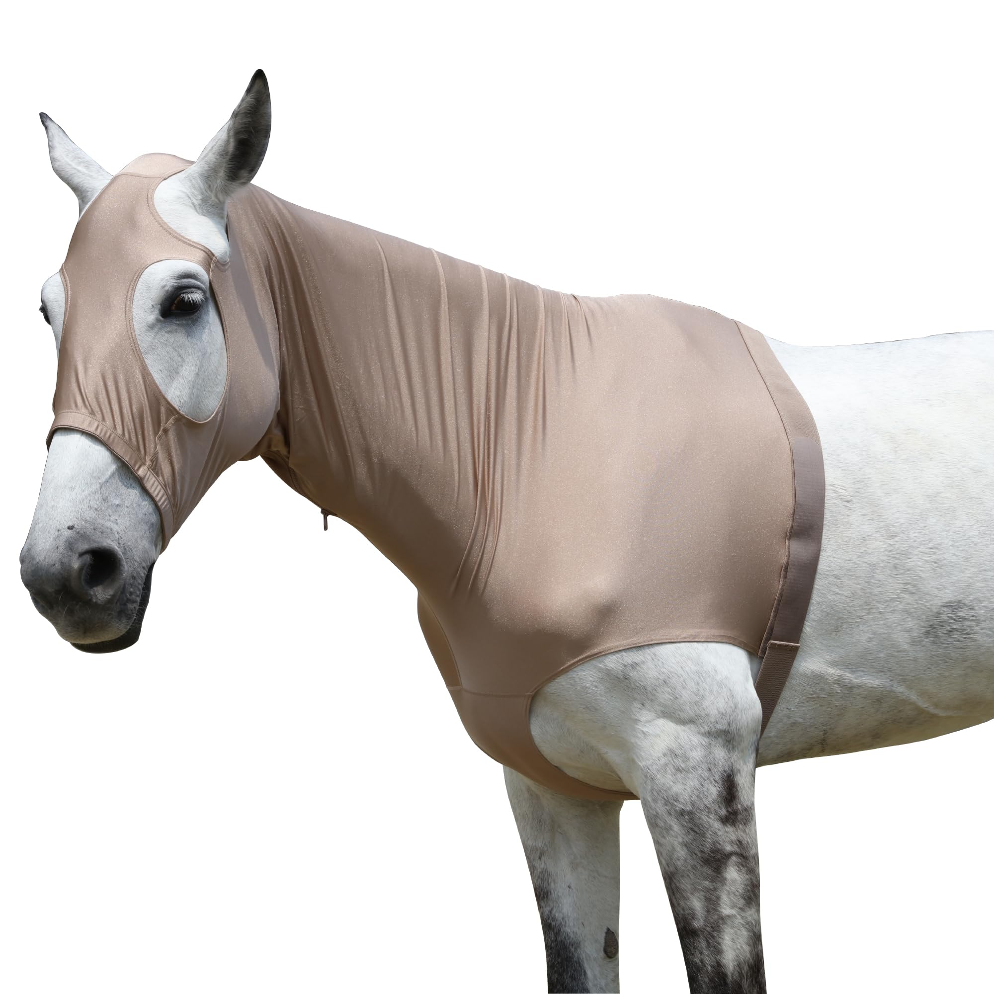 Horse Stretch Hood with Zipper, Full Face & Neck Cover for Sweet Itch Protection – Mane Braid Shoulder Guard & Fly Shield Khaki Medium