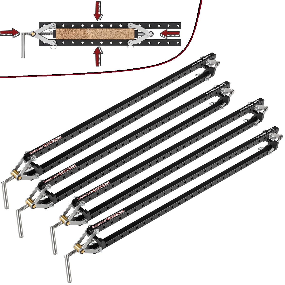 Woodpeckers Clampzilla 3.0, 38 Inch (4 Pack), 4-Way Panel Clamps for Glue-Ups on Cabinet Door Panels, Table Tops & Wood Panels, USA Made