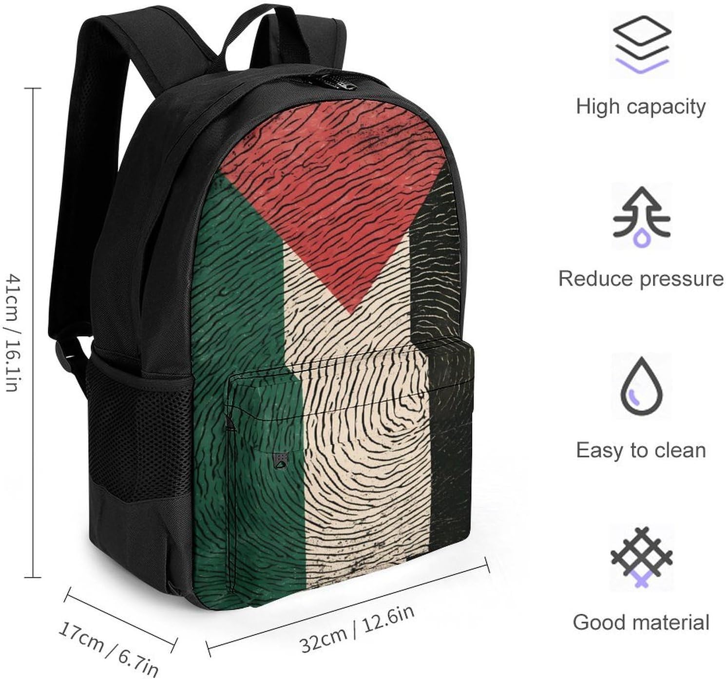 Palestine Flag Fingerprint Backpack Lightweight Backpacks Work Bag