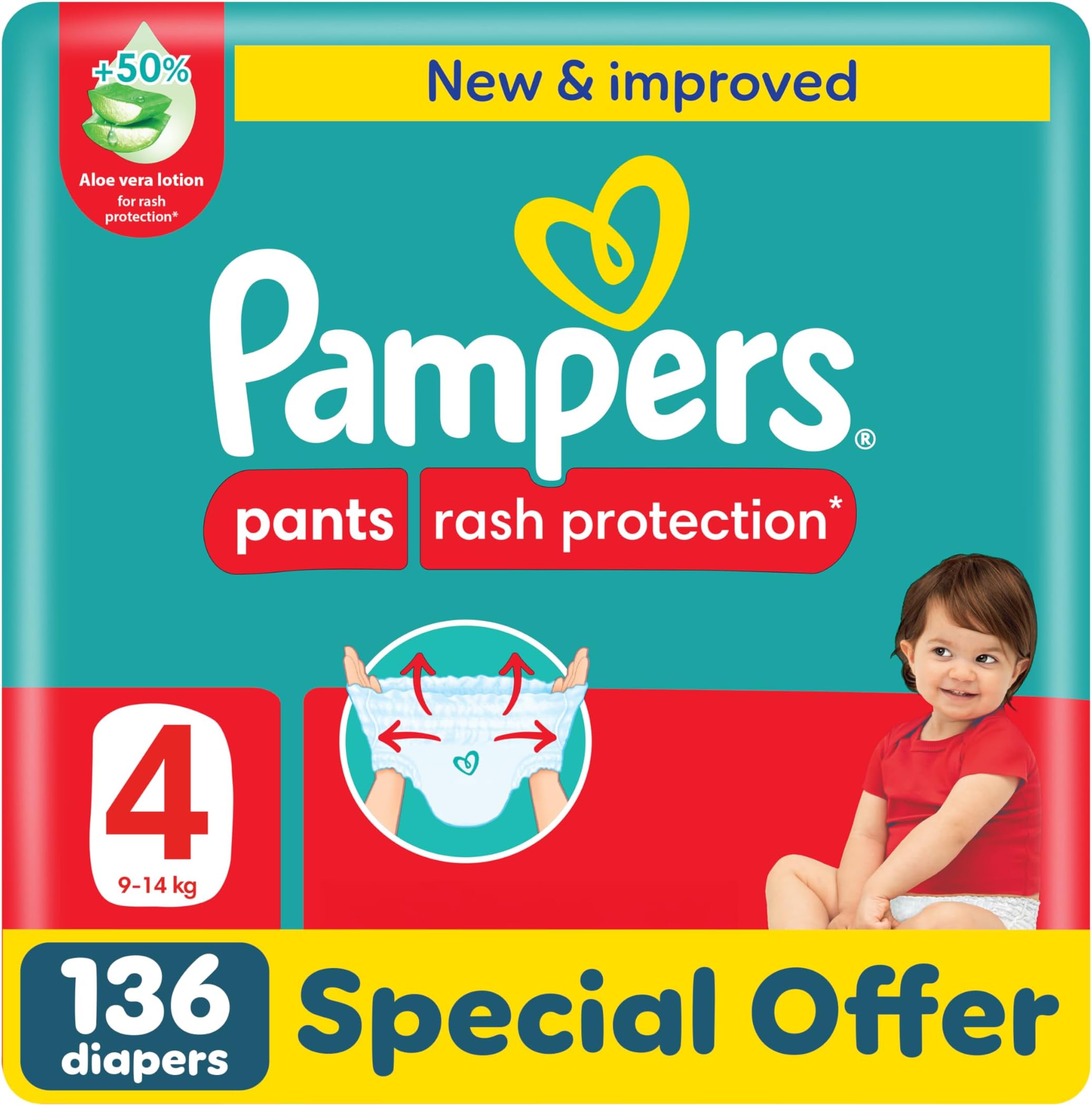 Pampers Rash Protection Pants Diapers, Size 4, 9-14kg, +50% Aloe Vera ...