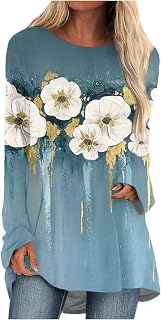 Ladies Tops Womens Pullover Tops Trendy Floral Print Long Sleeve Pullover Blouse Casual Oversized Round Neck Comfy Tunic Shirts