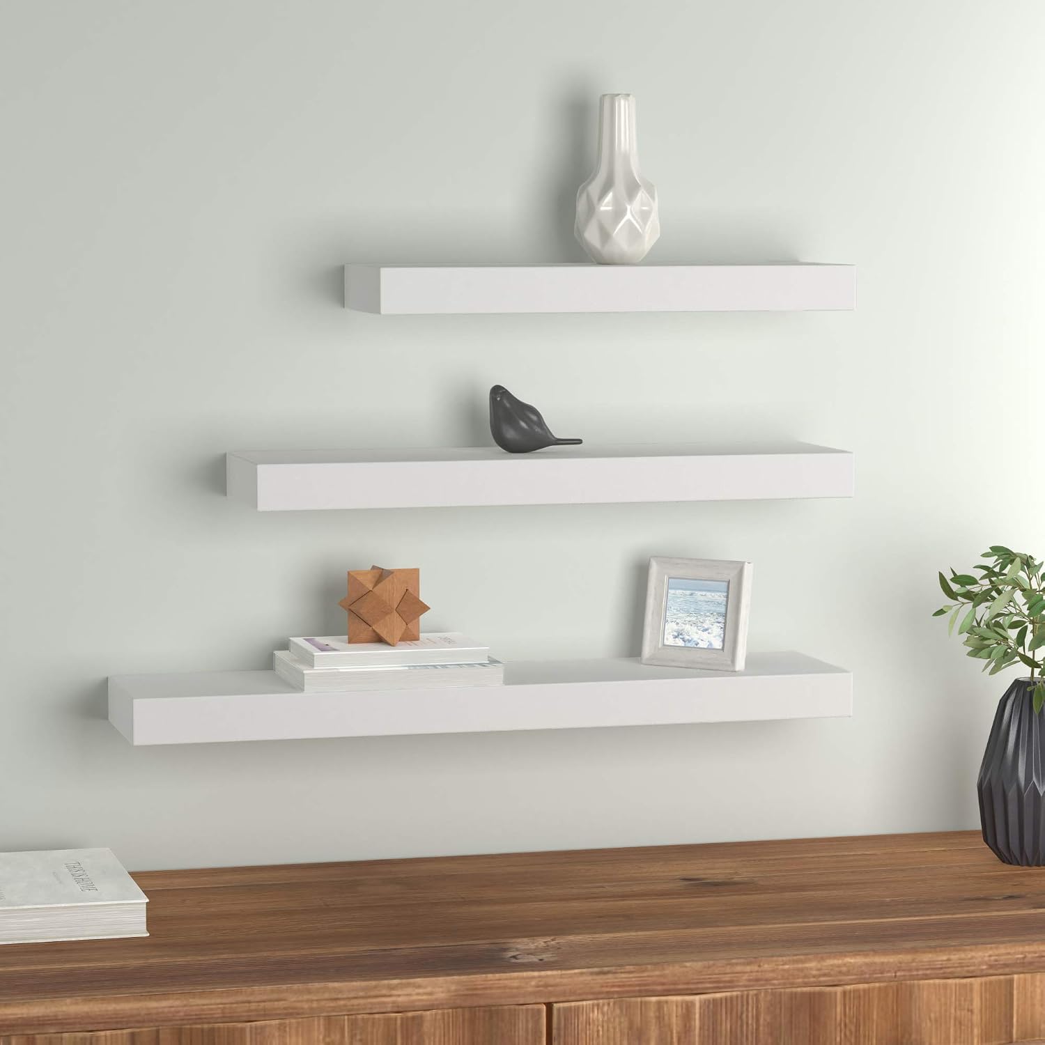 Amazon Basics Floating Shelves - 16, 20, 24-Inch, White, Set of 3