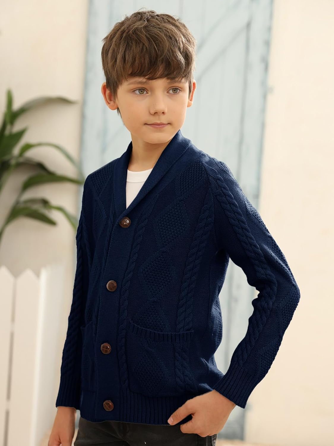 Inorin Boy's Sweater Cardigan Button Down Shawl Collar Cable Knitted Outwear Sweater Coats with Pockets Deep Navy Blue - Image 5