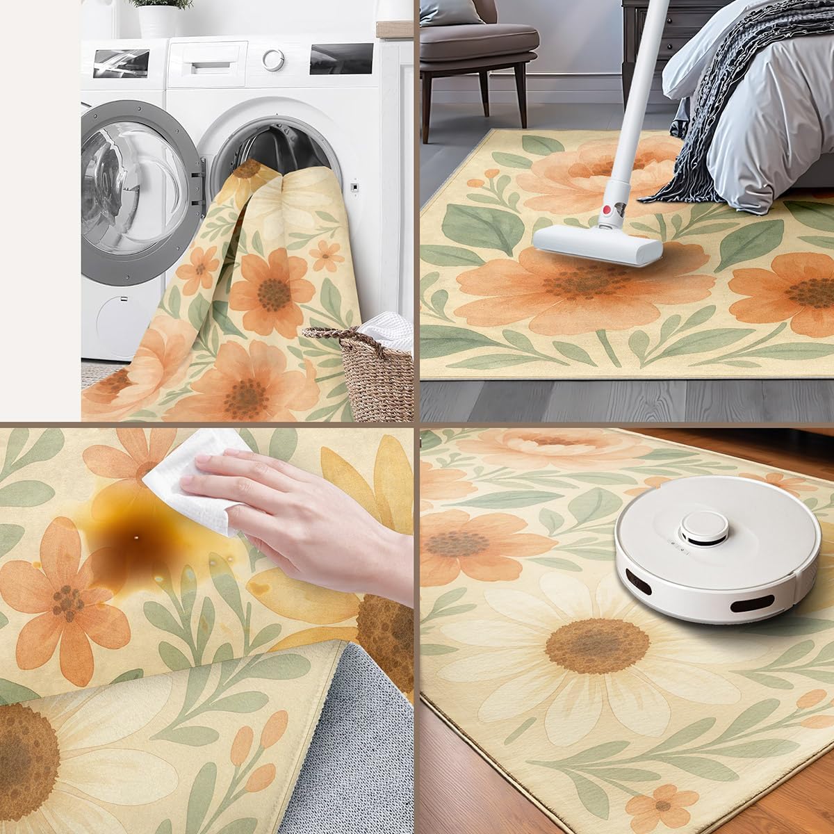 Floral 3x5 Area Rug, Sunflower Rug for Living Room, Bedroom, Dining Room - Washable Rug for Girls Bedroom, Non-Slip Small Living Room Carpets, Stylish Decor for Girl Child Pet