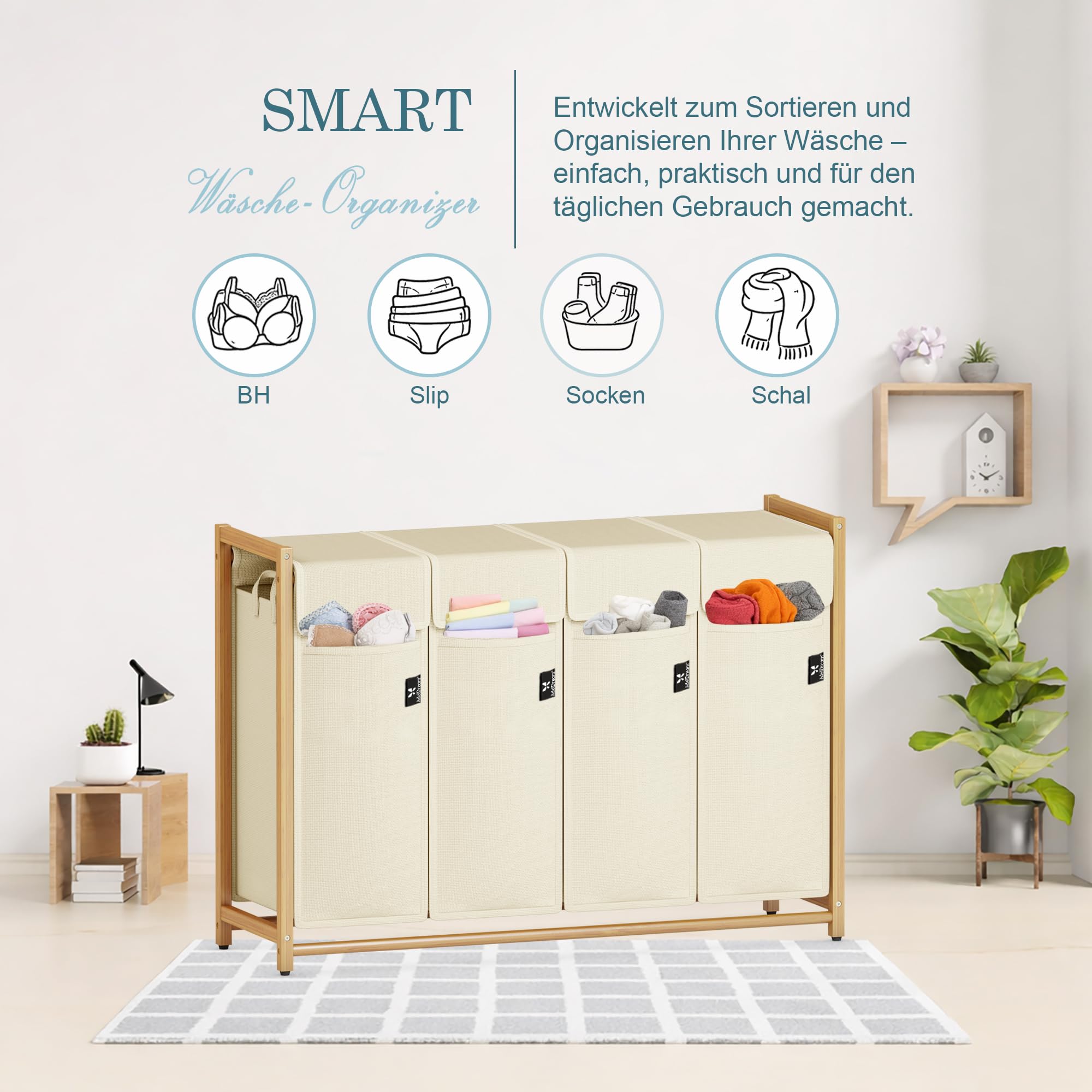 AdelDream Cesto de ropa clasificador de ropa con ruedas 4 compartimentos carro de lavandería con bolsas desmontables recolector de ropa bambú 200L color beige | Clasificador de ropa sucia 4 x 50L, bolsa extraíble, transpirable, beige