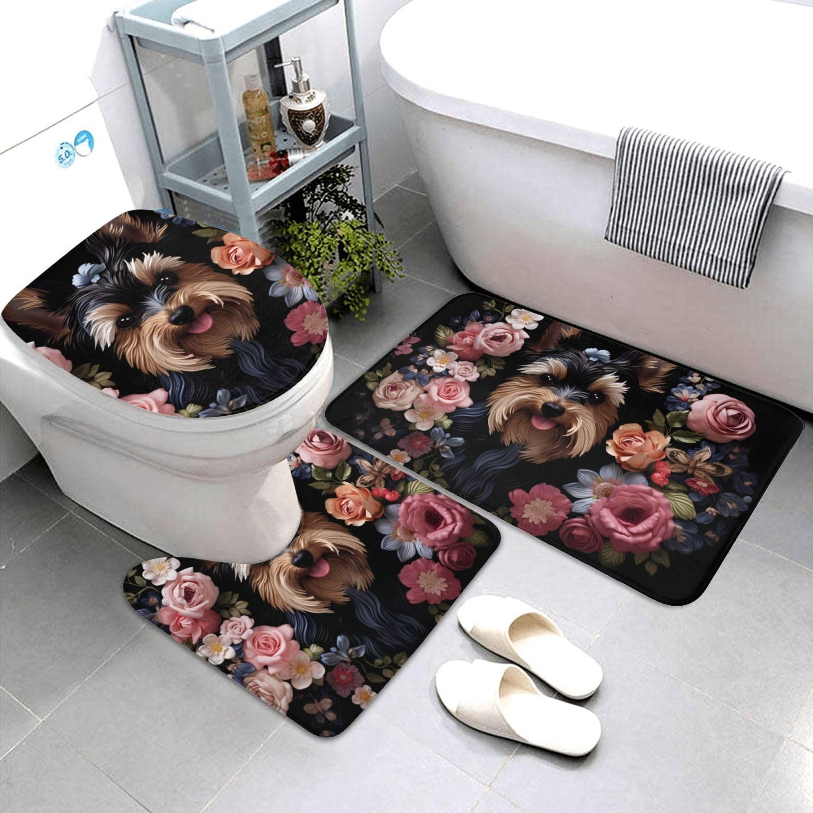 Set di 3 tappetini da bagno con motivo floreale Yorkie Dog Floreale in flanella morbida antiscivolo set con coperchio per la decorazione della casa